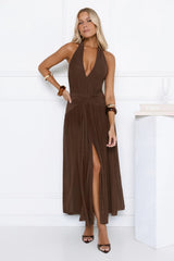 Whispered Promises Halter Mesh Maxi Dress Brown